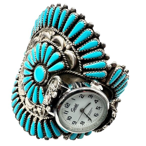 Vintage Native American Zuni Petit Turquoise Bracelet Sterling Silver Cuff 95 G - Picture 3 of 9